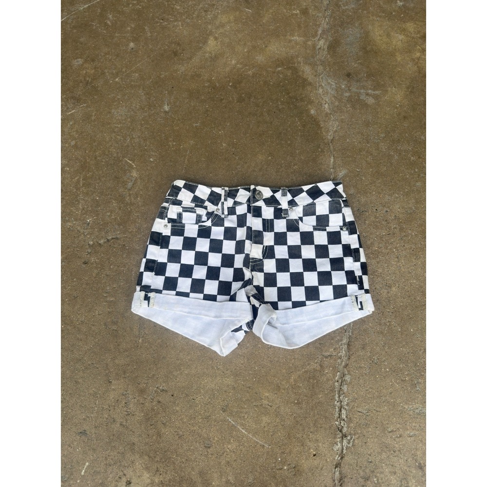 Almost Famous Mid Rise Checkerboard Shorts Black White Cuffed Denim Size 1